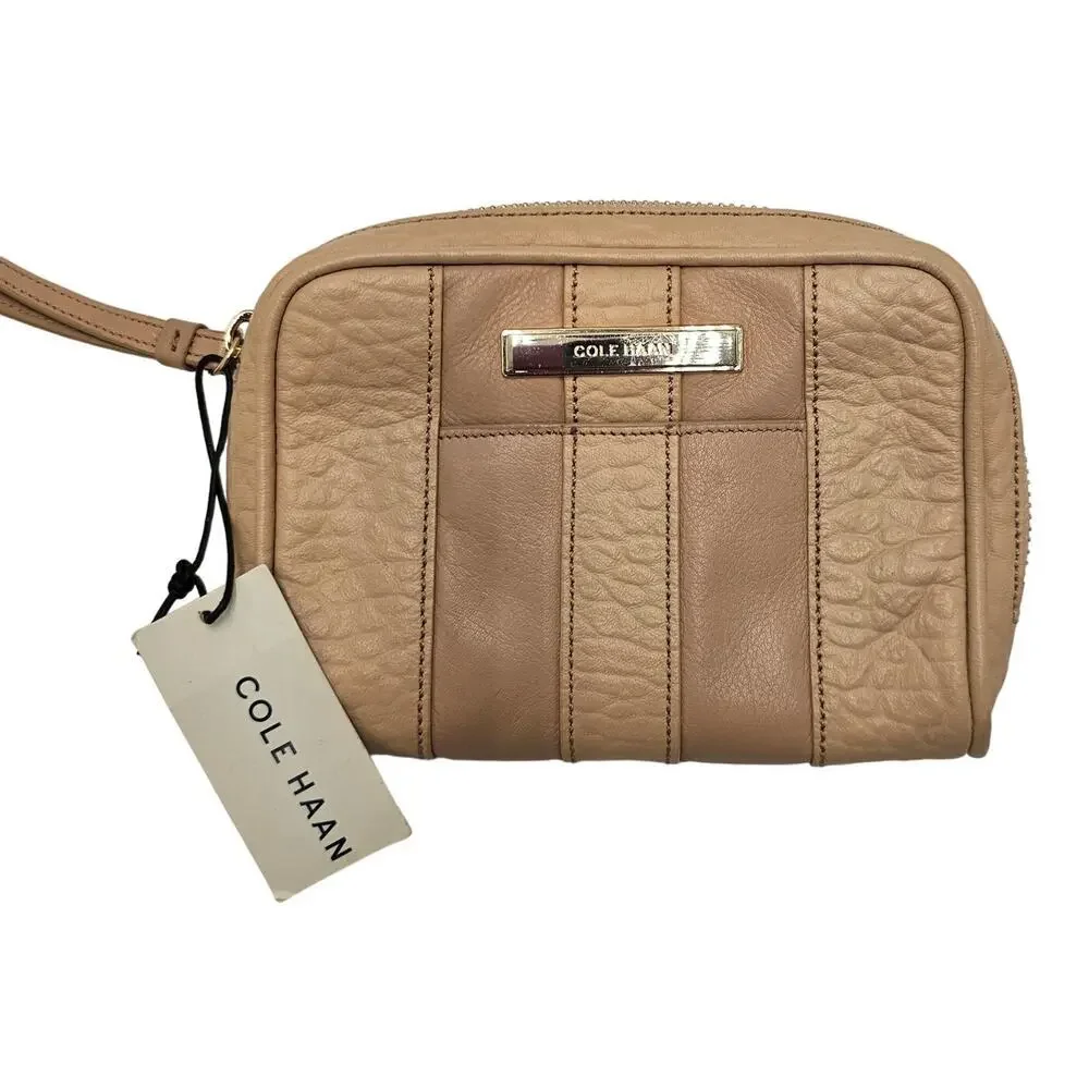Cole Haan Wristlet Bag Zip Around Purse Leather Neutral Classic Timeless Capsule
